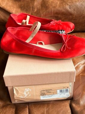 Miu Miu Red Satin Ballet Flats Bow Multi Strap Logo EU 39 Balletcor